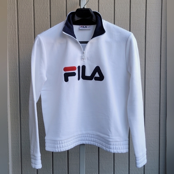 Fila Tops - FILA | 1/4 Zip Big Logo EUC Cuffed White Pullover Sweatshirt Ladies Medium